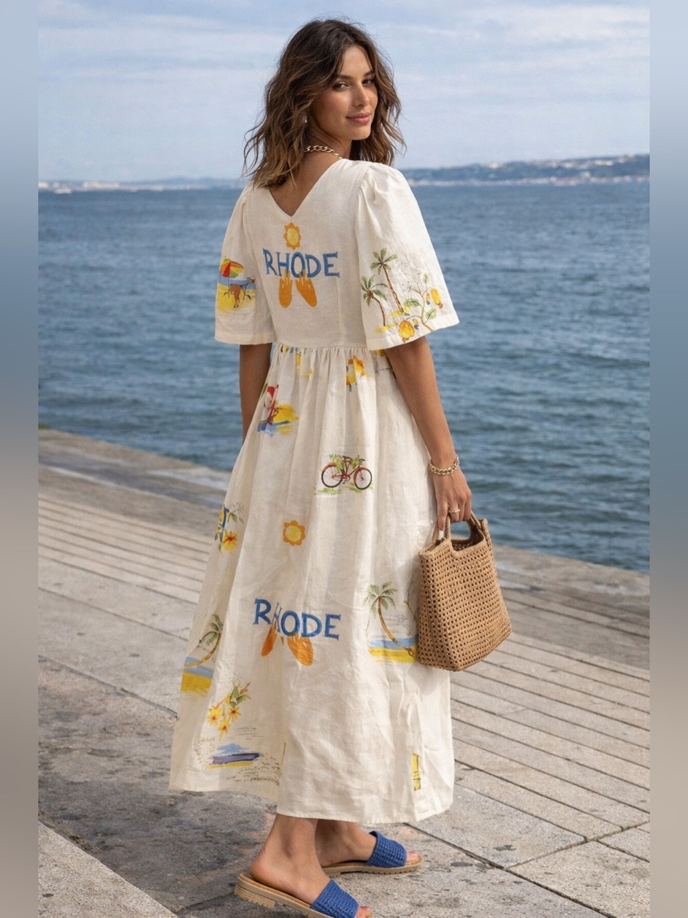 NWT Women’s Rhode-Inspired Linen Blend Midi Coastal Print Dress. Sizes: Multi